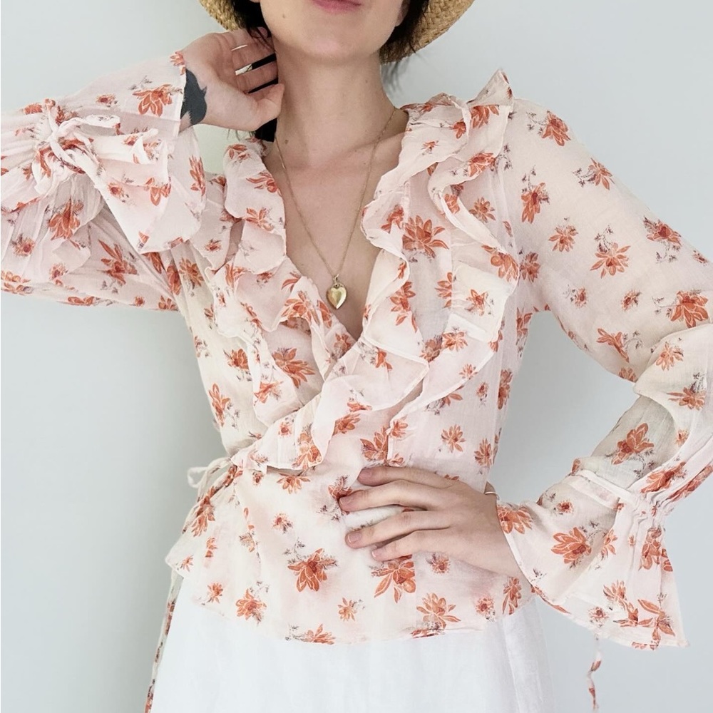 Floral Ruffle Wrap Blouse - Peach Floral